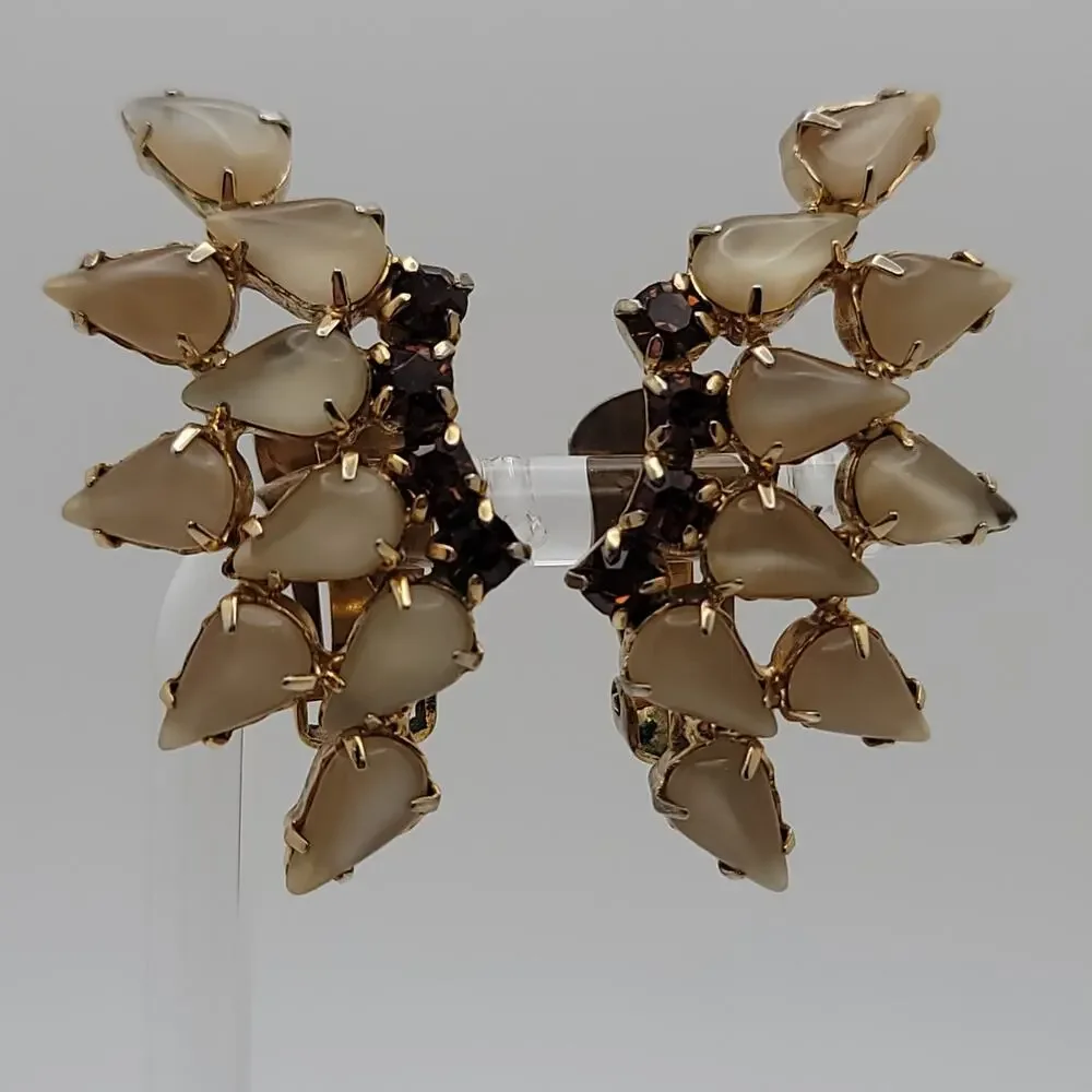 Vintage Gold-tone Clip On Earrings Frosted Pear Shaped Cabochons